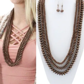 * Textured Copper Beaded 3 Strand Long Necklace