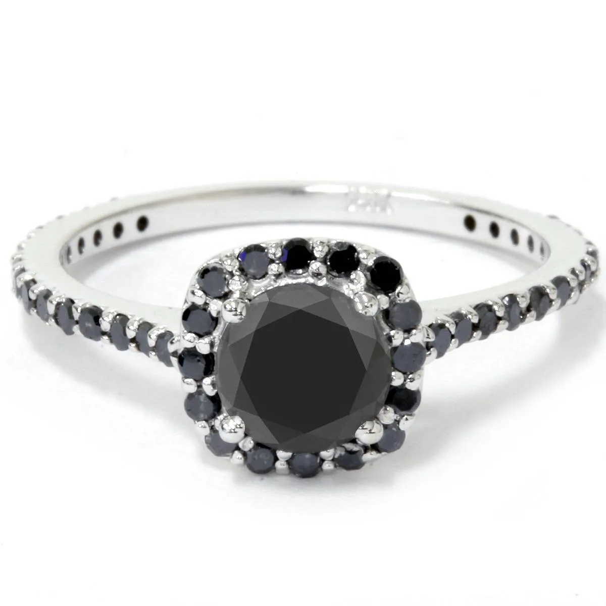 1 1/4ct Cushion Halo Black Diamond Engagement Ring 14K White Gold