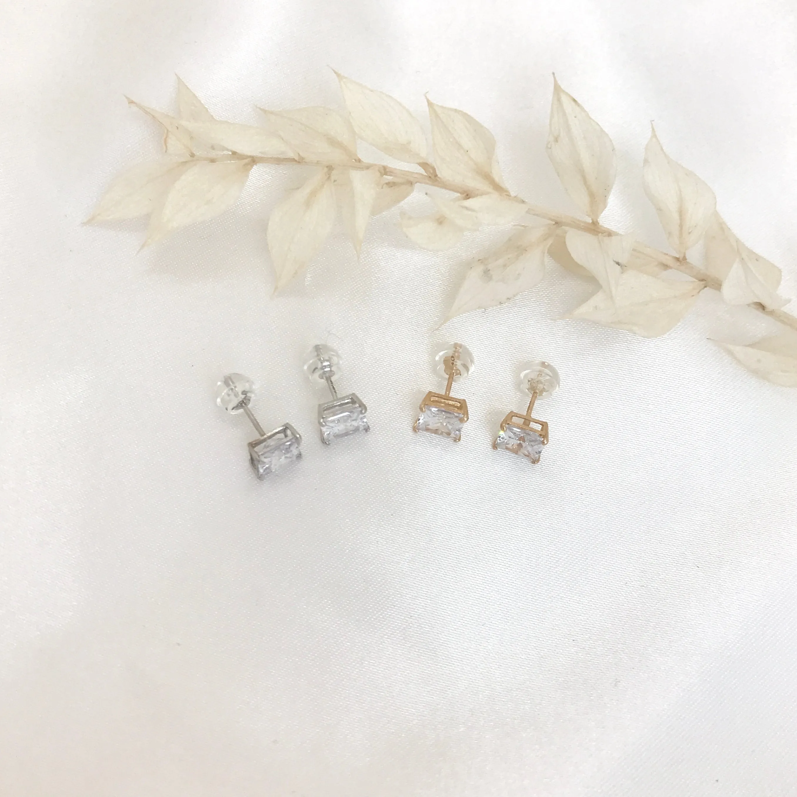 14k Gold Square Studs with CZ - Various Sizes