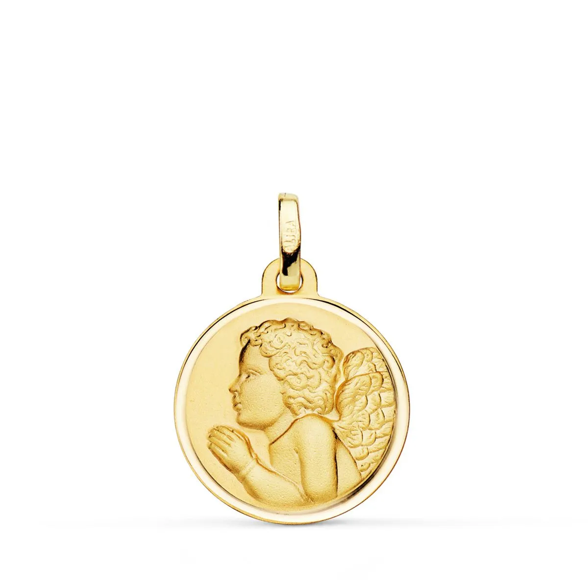 18K Medalla Oro Amarillo Angel Nio Piadoso Rezando Bisel 18 mm