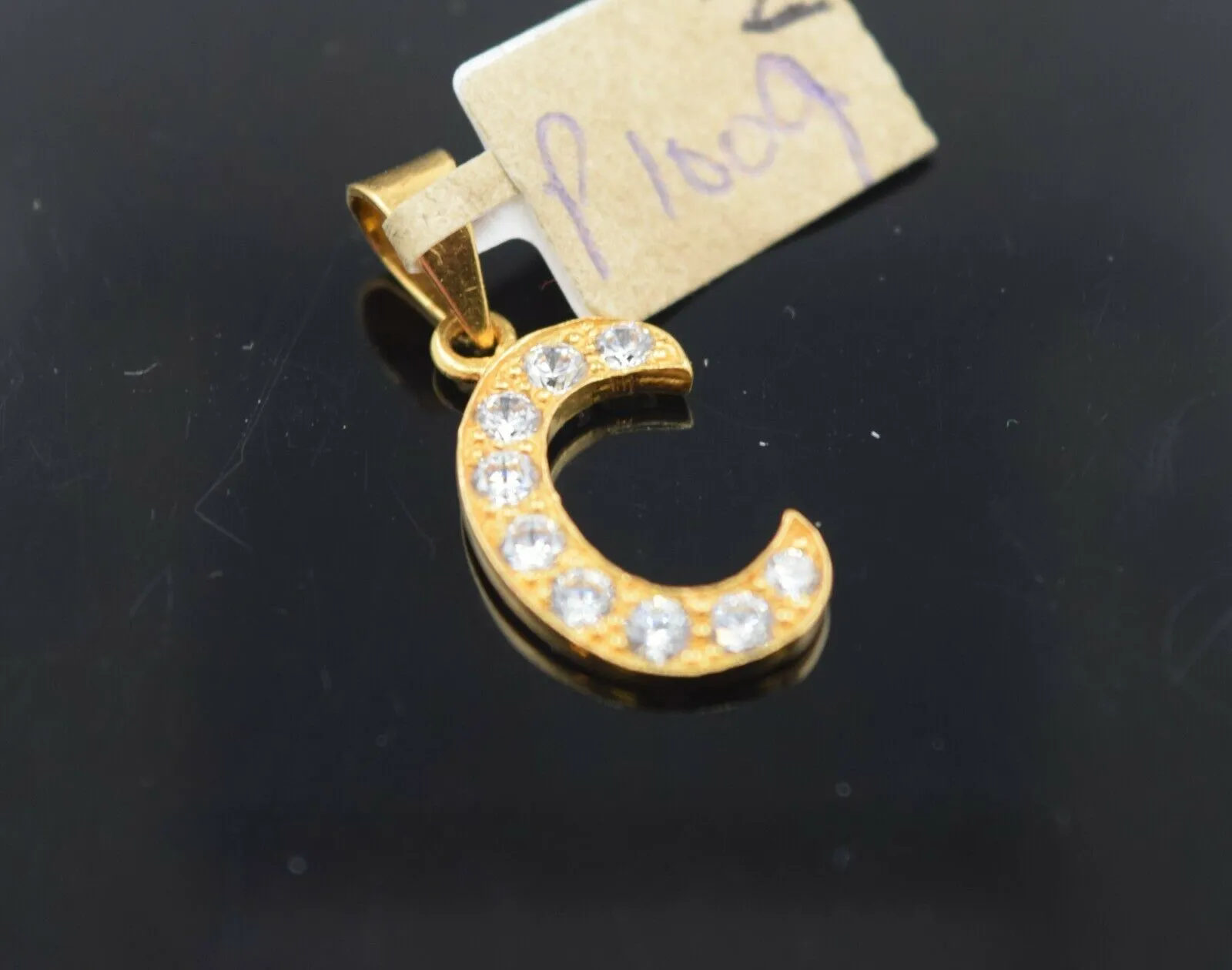 22k Pendant Solid Gold Simple C Shape Letter C With Stones Design P1009z