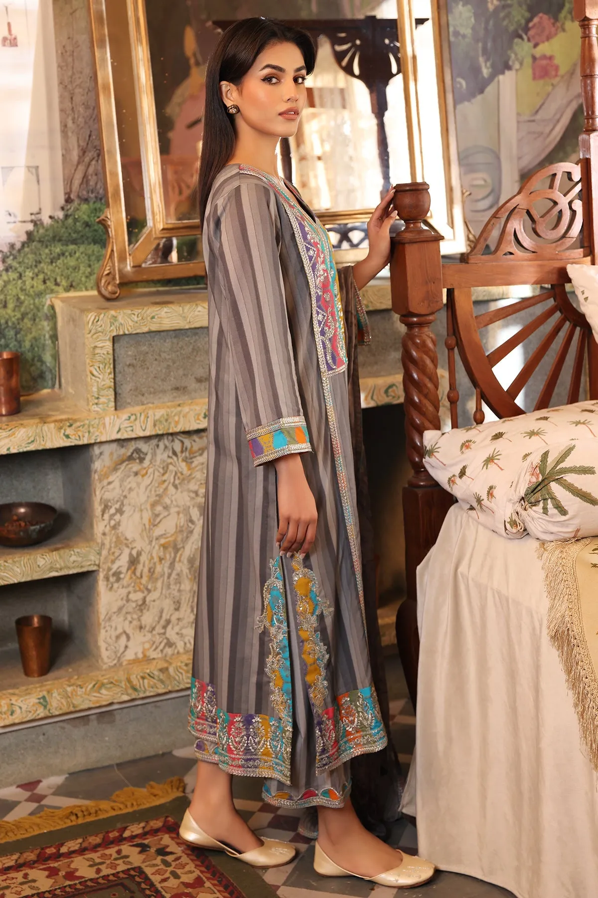 3-PC Unstitched Embroidered Lawn Shirt with Chiffon Dupatta and Trouser CS4-06