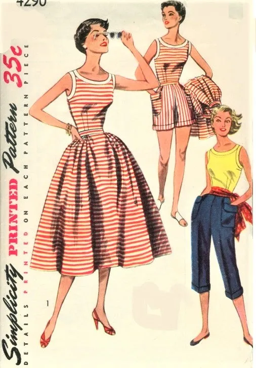 50s FAB Weekend Wear Pattern SIMPLICITY 4290 Travel or Beachwear Scoop Neck Blouse,Full Skirt,High Waist Shorts and Pedal Pusher