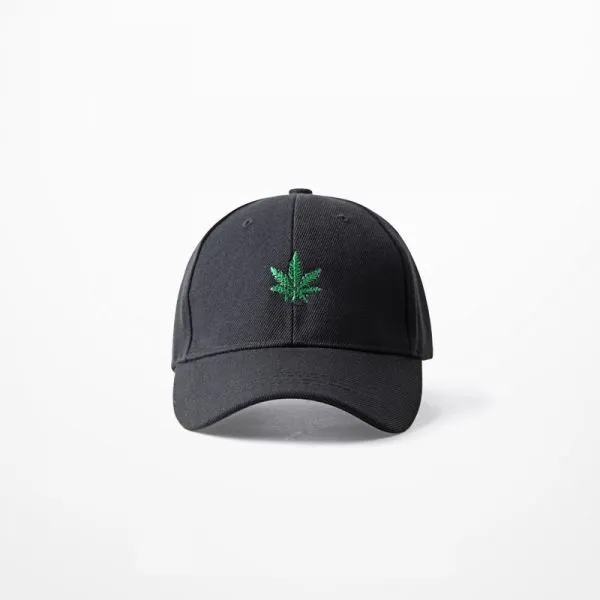 Black baseball cap with cannabis leaf embroidered on the front weed ganja