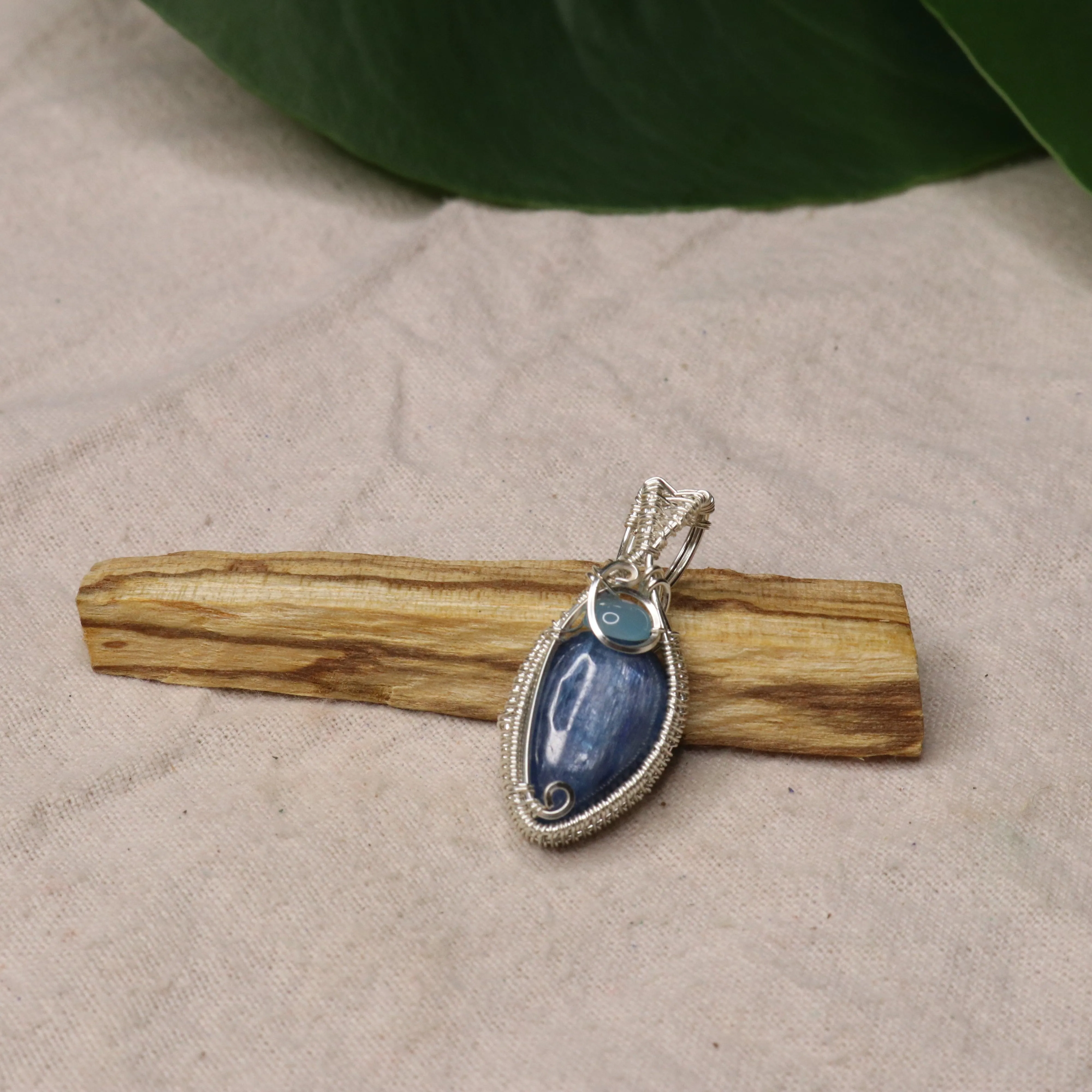 Blue Kyanite Wire Wrapped Pendant with Blue Chalcedony Accents ~ Includes Necklace Cord