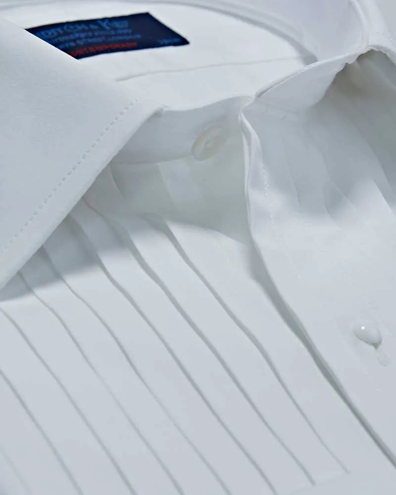 Contemporary Fit, Classic Collar, Double Cuff White Poplin Cotton Shirt with a Wide Pleated Front