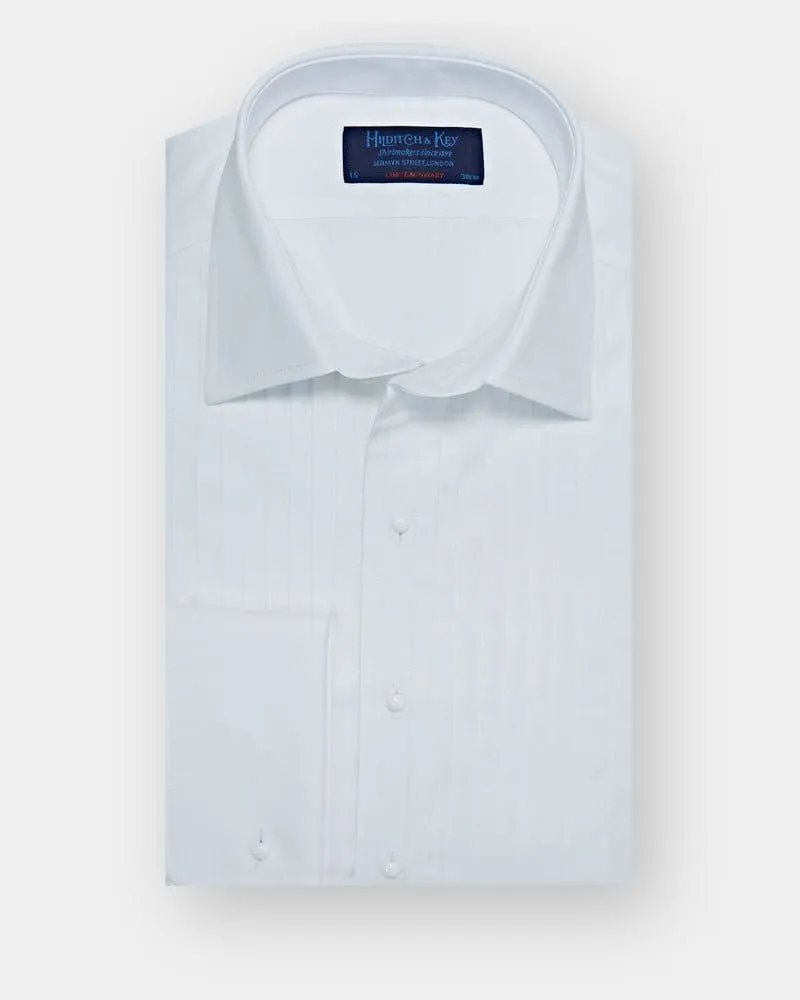 Contemporary Fit, Classic Collar, Double Cuff White Poplin Cotton Shirt with a Wide Pleated Front