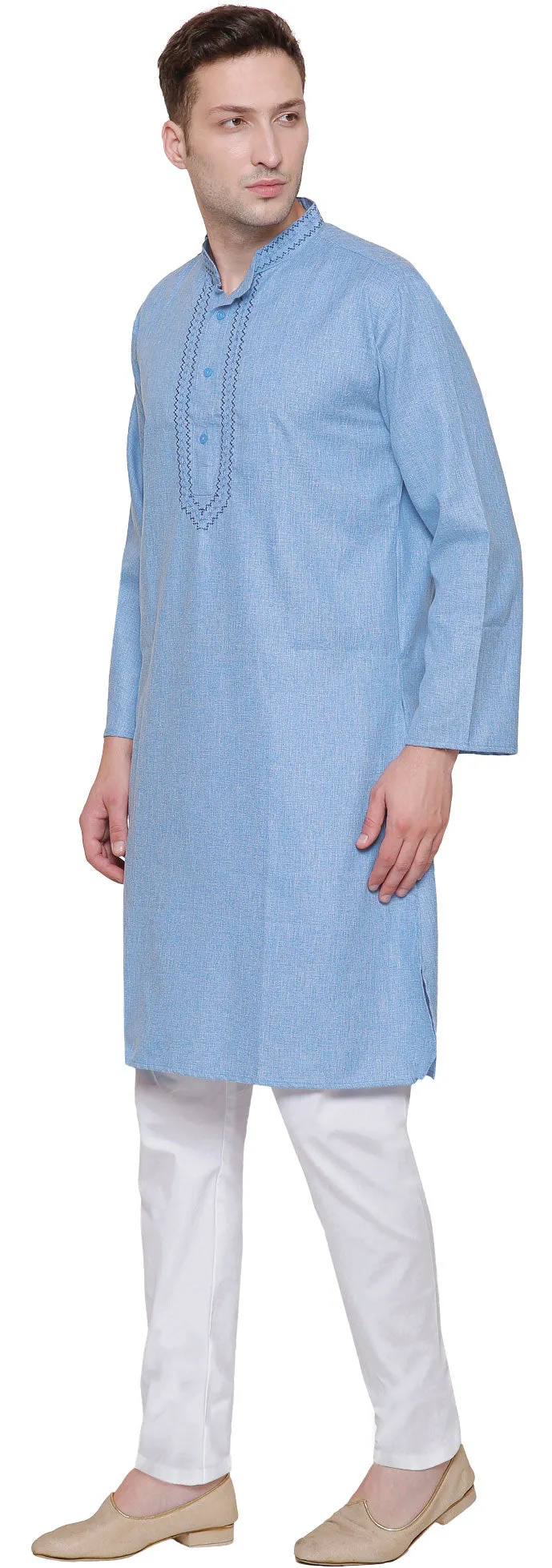 Cotton Embroidered Men's Kurta Pajama Indian Clothing (Sky Blue)