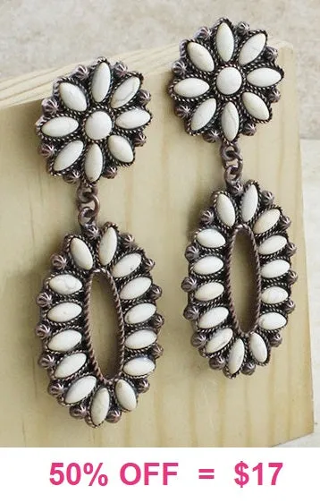 Cream Flower Concho Post Earrings with Oval Dangle Concho pendant