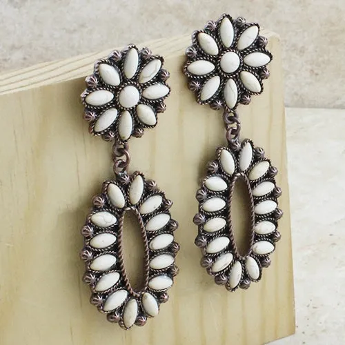 Cream Flower Concho Post Earrings with Oval Dangle Concho pendant