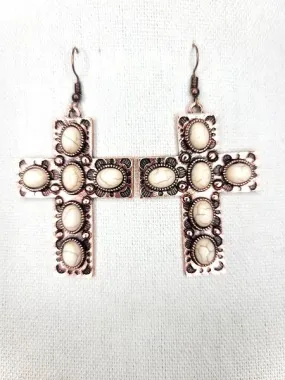 Cream Stone, Wide Cross, Earrings in copper tone