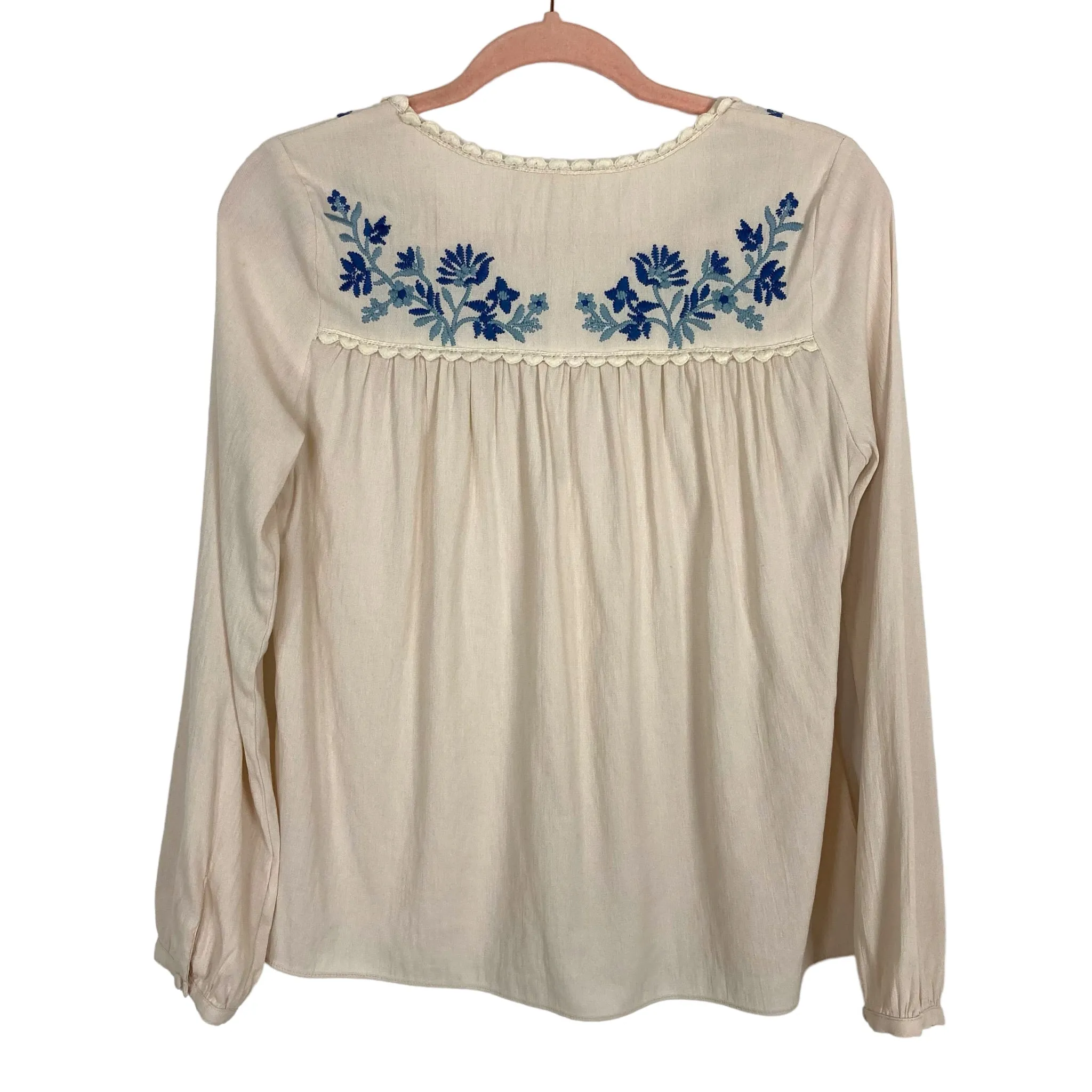 Current Air Cream Button Front with Blue Embroidered Flower Detail Top- Size S (see notes)