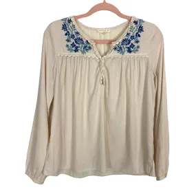 Current Air Cream Button Front with Blue Embroidered Flower Detail Top- Size S (see notes)