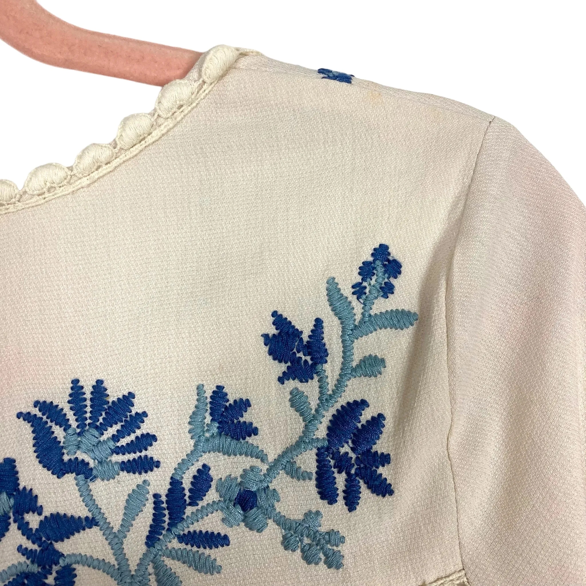 Current Air Cream Button Front with Blue Embroidered Flower Detail Top- Size S (see notes)