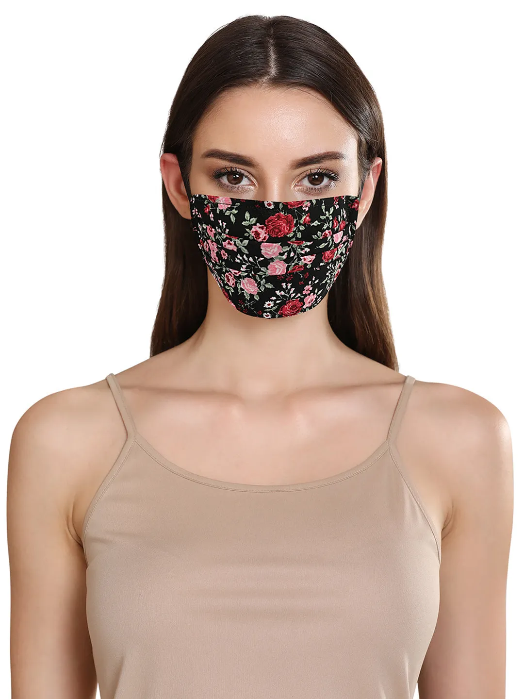 Dark Floral Printed Face Mask With Front Pleats