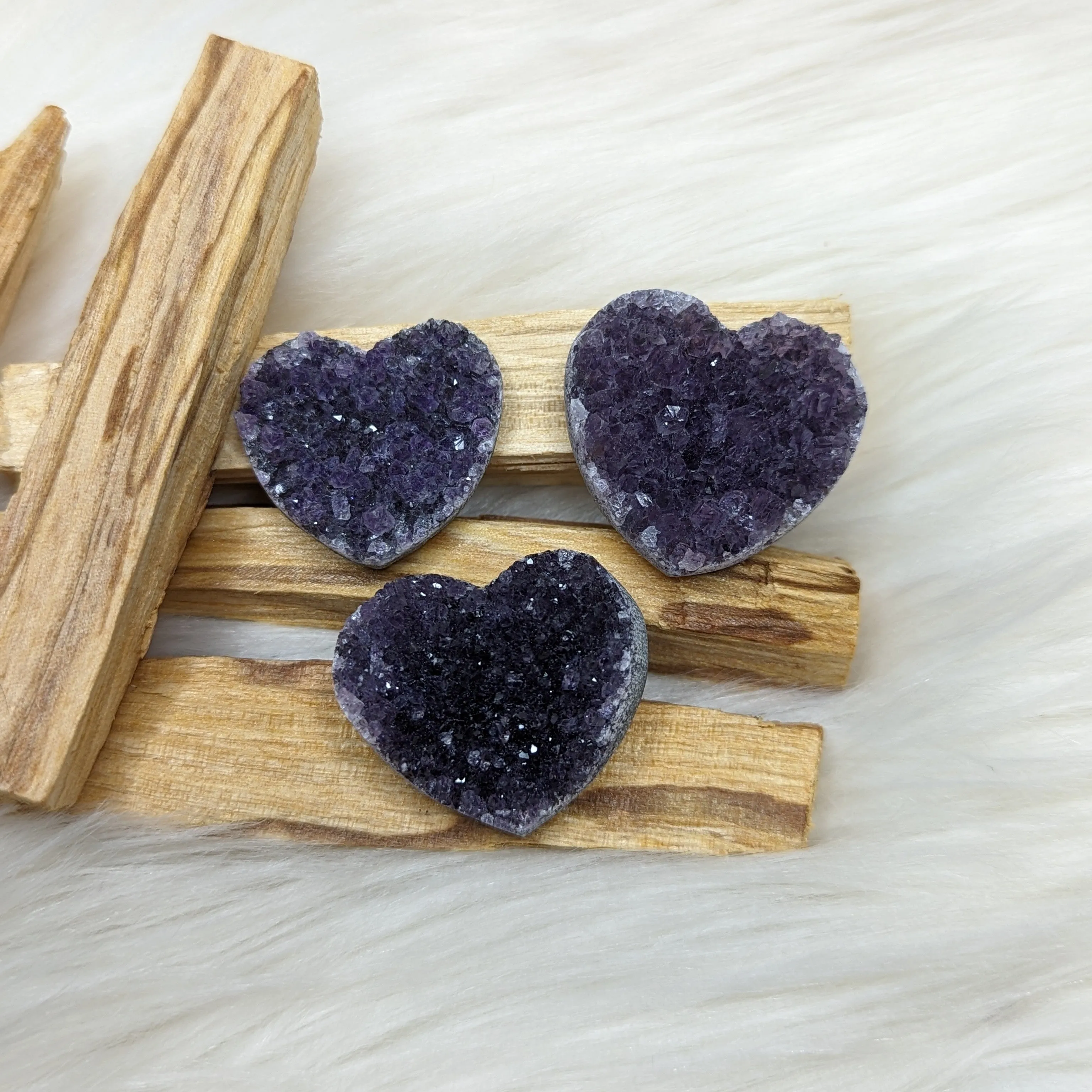 Dazzling, Dark Amethyst Druzy Heart Carving Set of Three ~ Small but Mighty Druzy Carvings