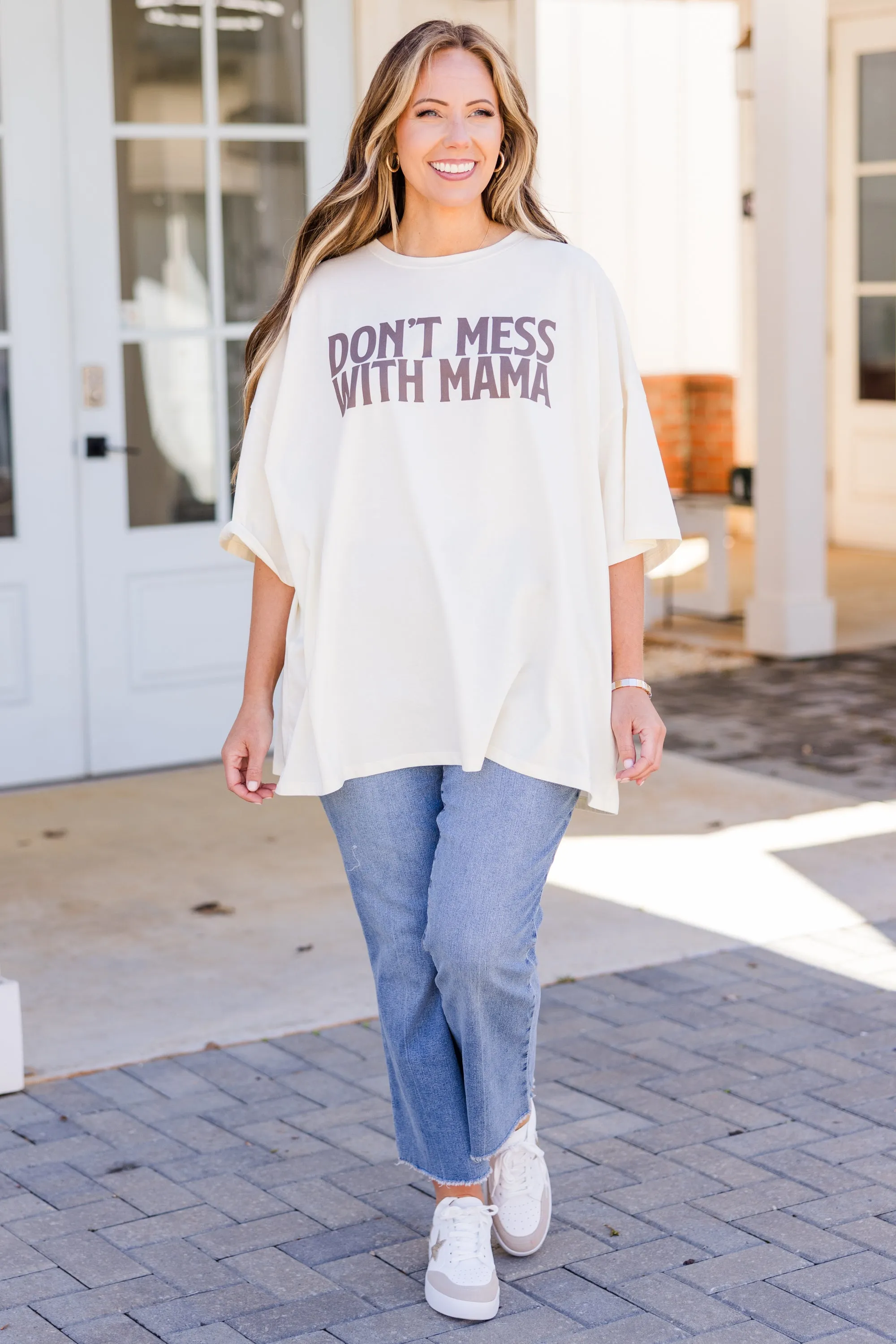 Don't Mess With Mama Boyfriend Tee, Ivory