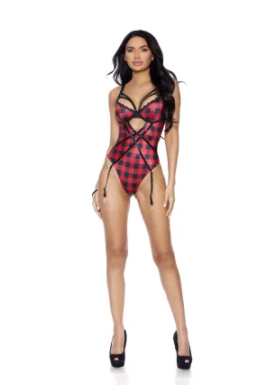 Elegant Moments Buffalo Plaid Print Slip On Teddiette With Strappy Front Detail, Underwire Cups, Adjustable Straps And Hook And 