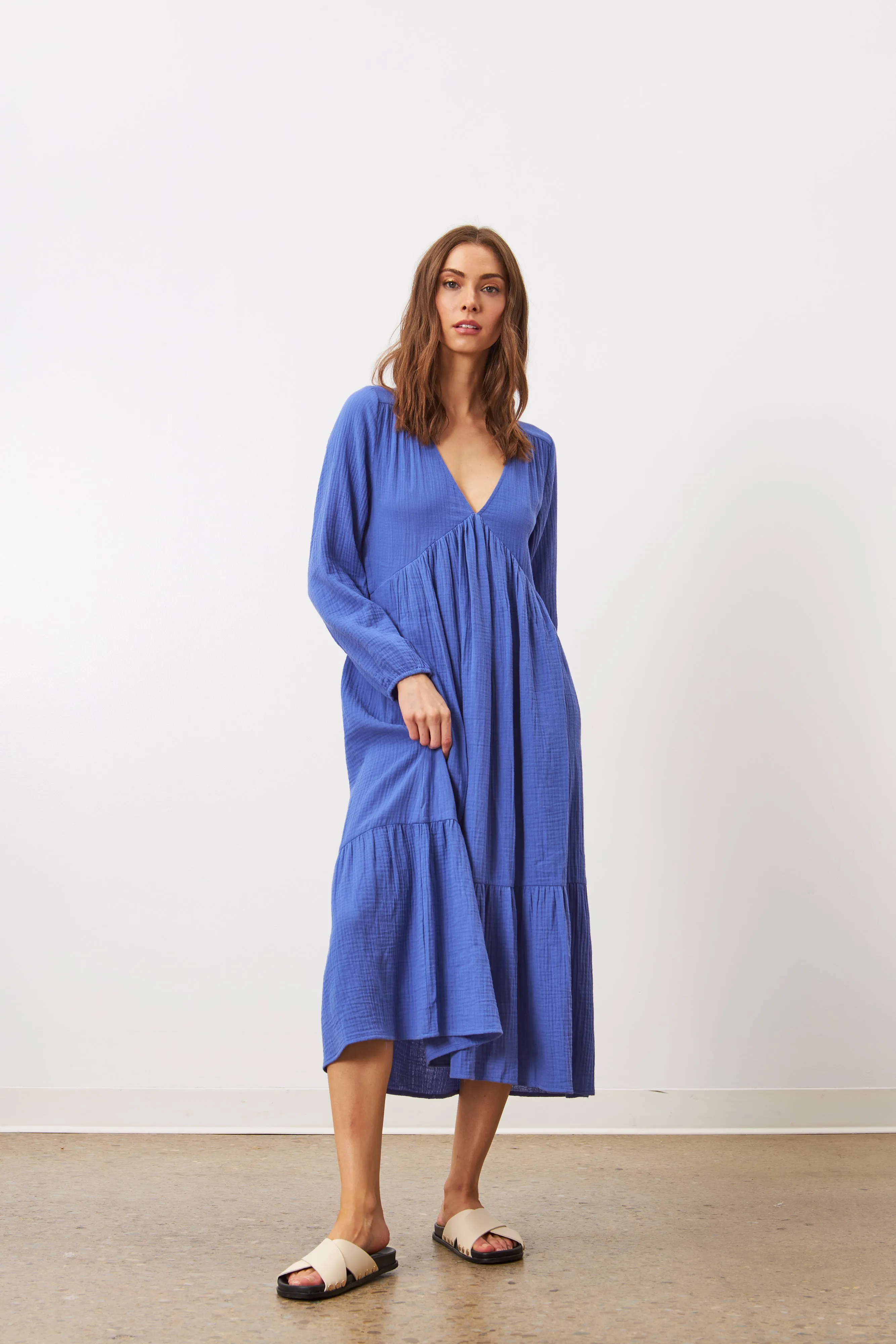 ESTELLE COTTON GAUZE V-NECK TIERED DRESS