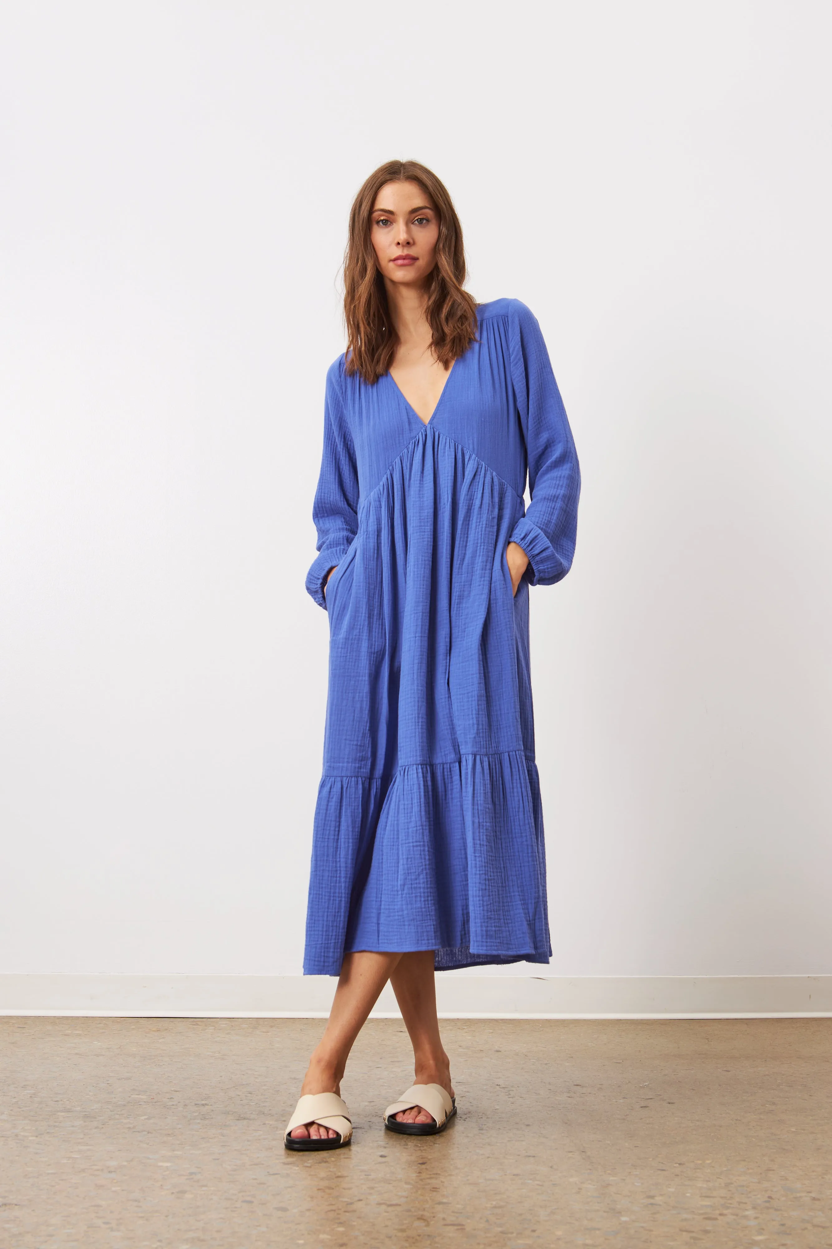 ESTELLE COTTON GAUZE V-NECK TIERED DRESS