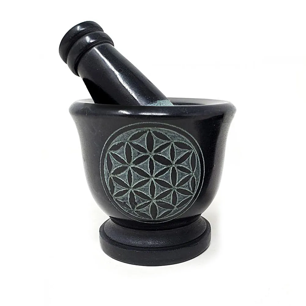 Flower of Life Carved Black Soapstone Mortar & Pestle 2.75