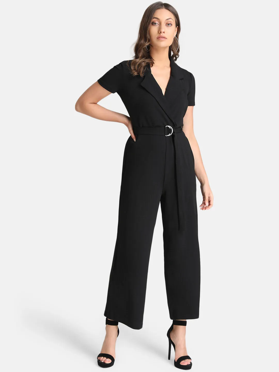 Front Overlap Detail Jumpsuit With Belt At Waist