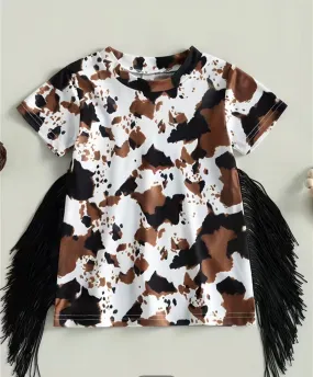 Girls cow print fringe dress