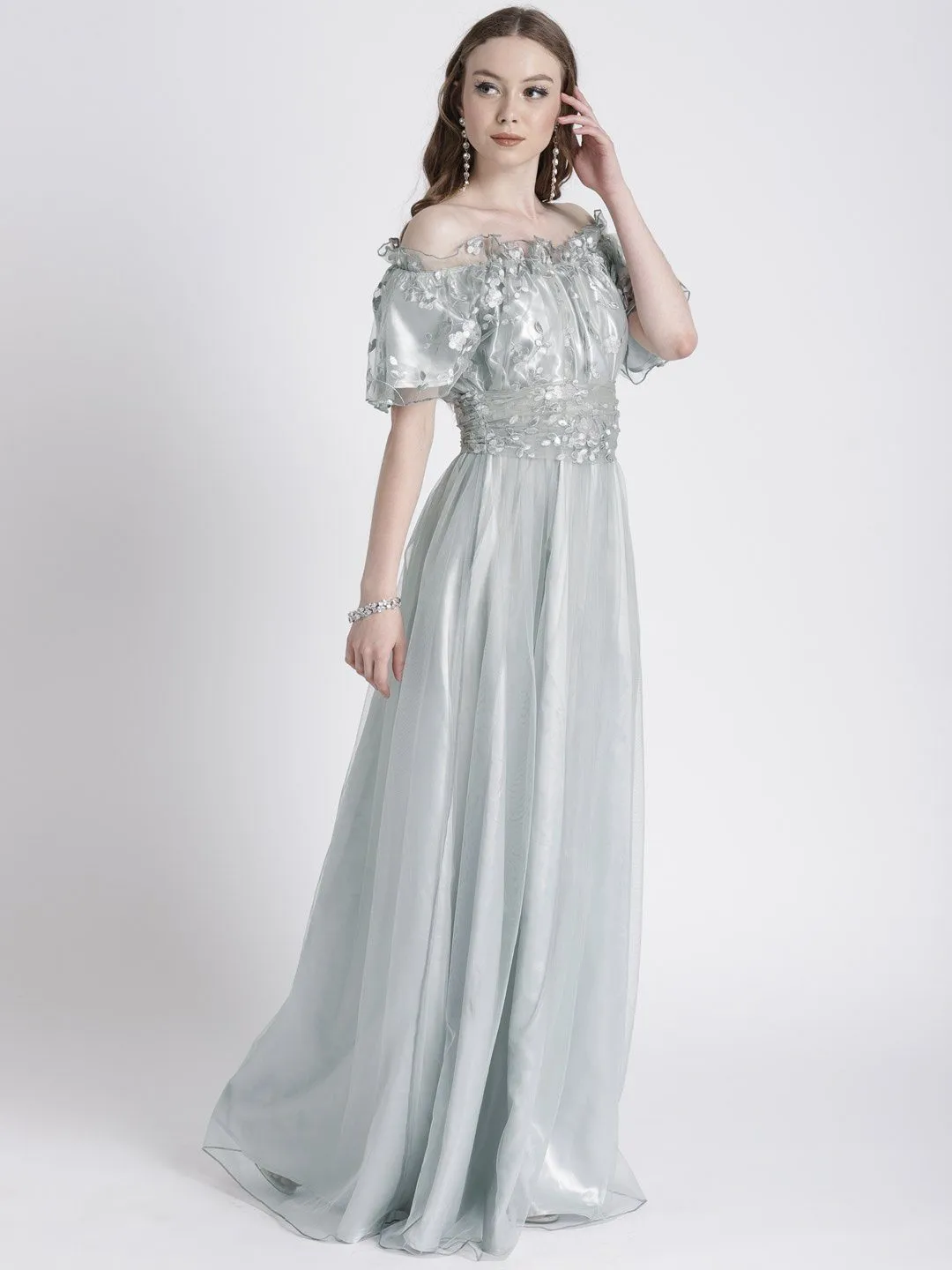 GREY OFF-SHOULDER GOWN WITH SHIMMER DETAIL