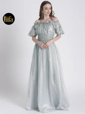 GREY OFF-SHOULDER GOWN WITH SHIMMER DETAIL