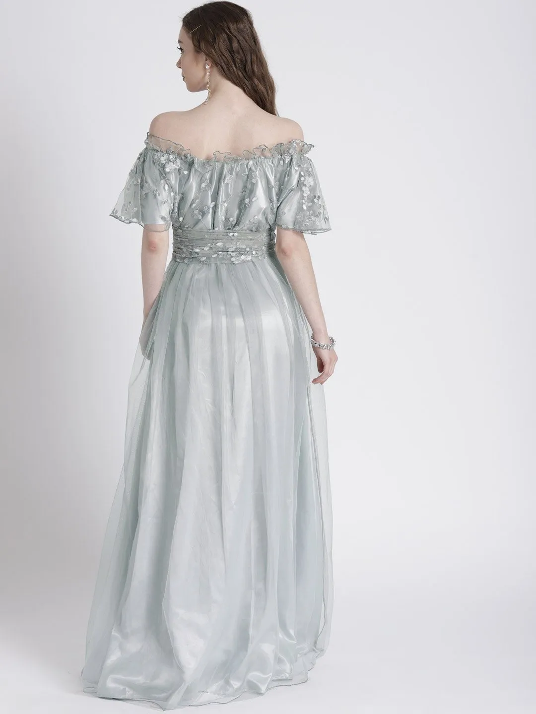 GREY OFF-SHOULDER GOWN WITH SHIMMER DETAIL