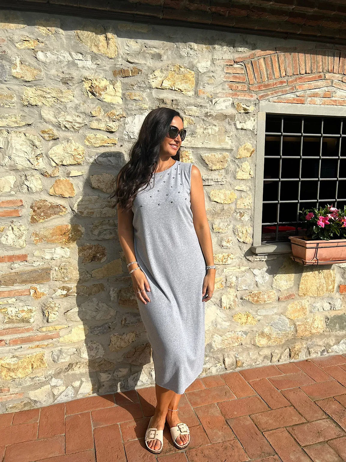 Grey Sleeveless Cotton Embellished Dress Isabella