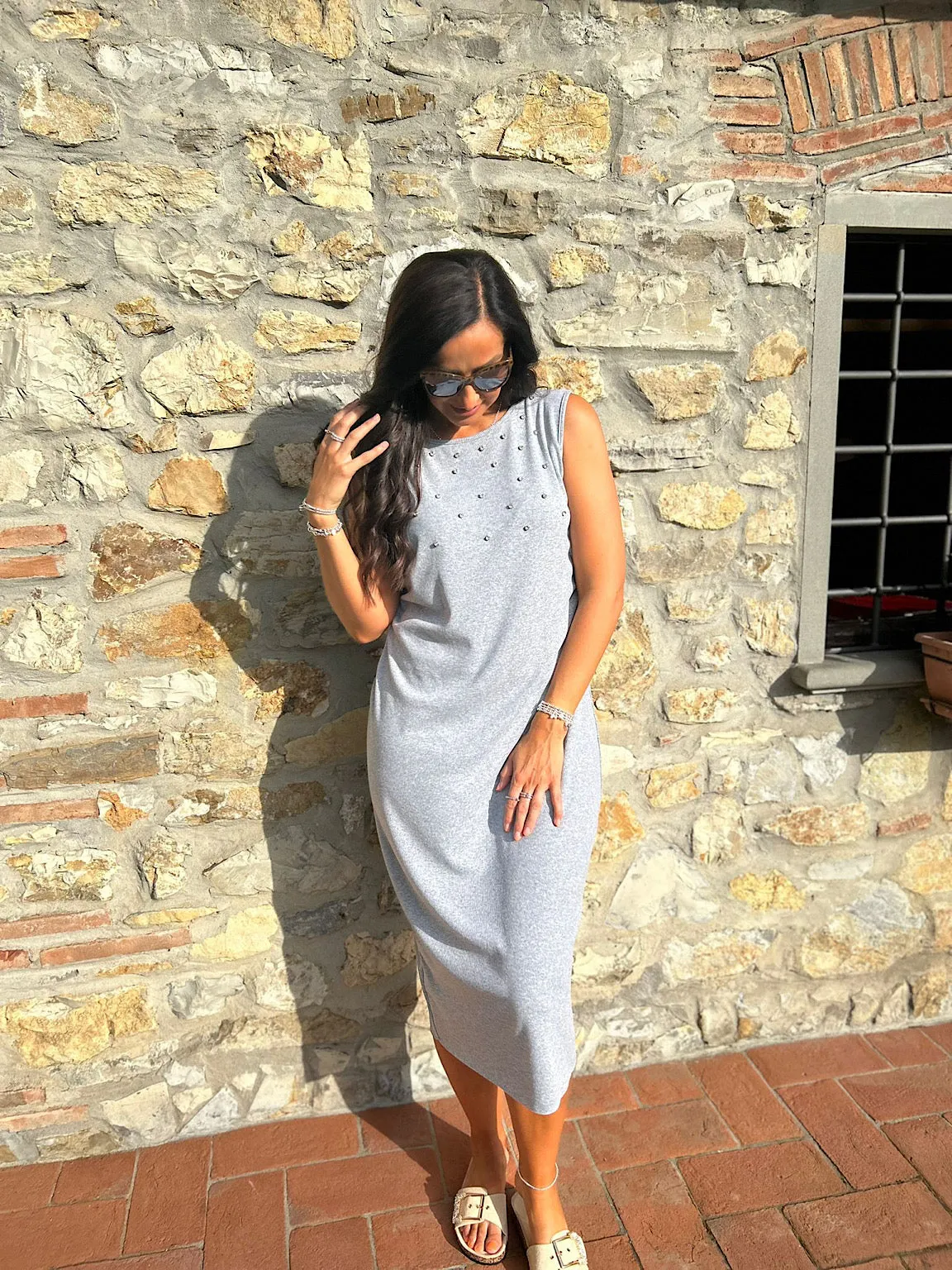 Grey Sleeveless Cotton Embellished Dress Isabella