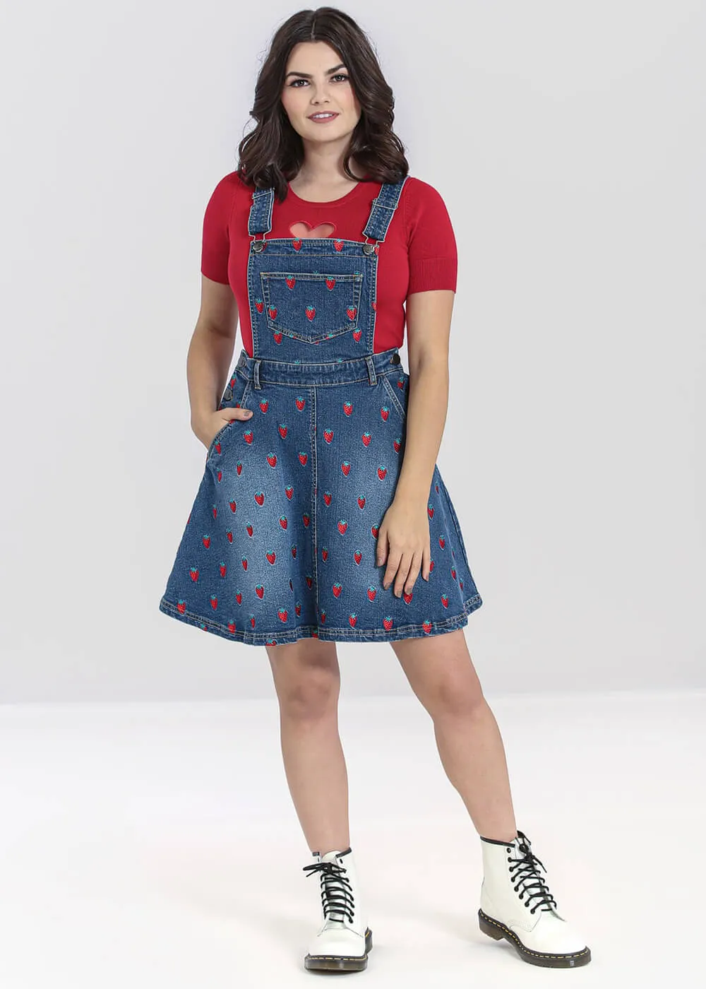 Hell Bunny Strawberry Denim 50's Pinafore Dress Blue