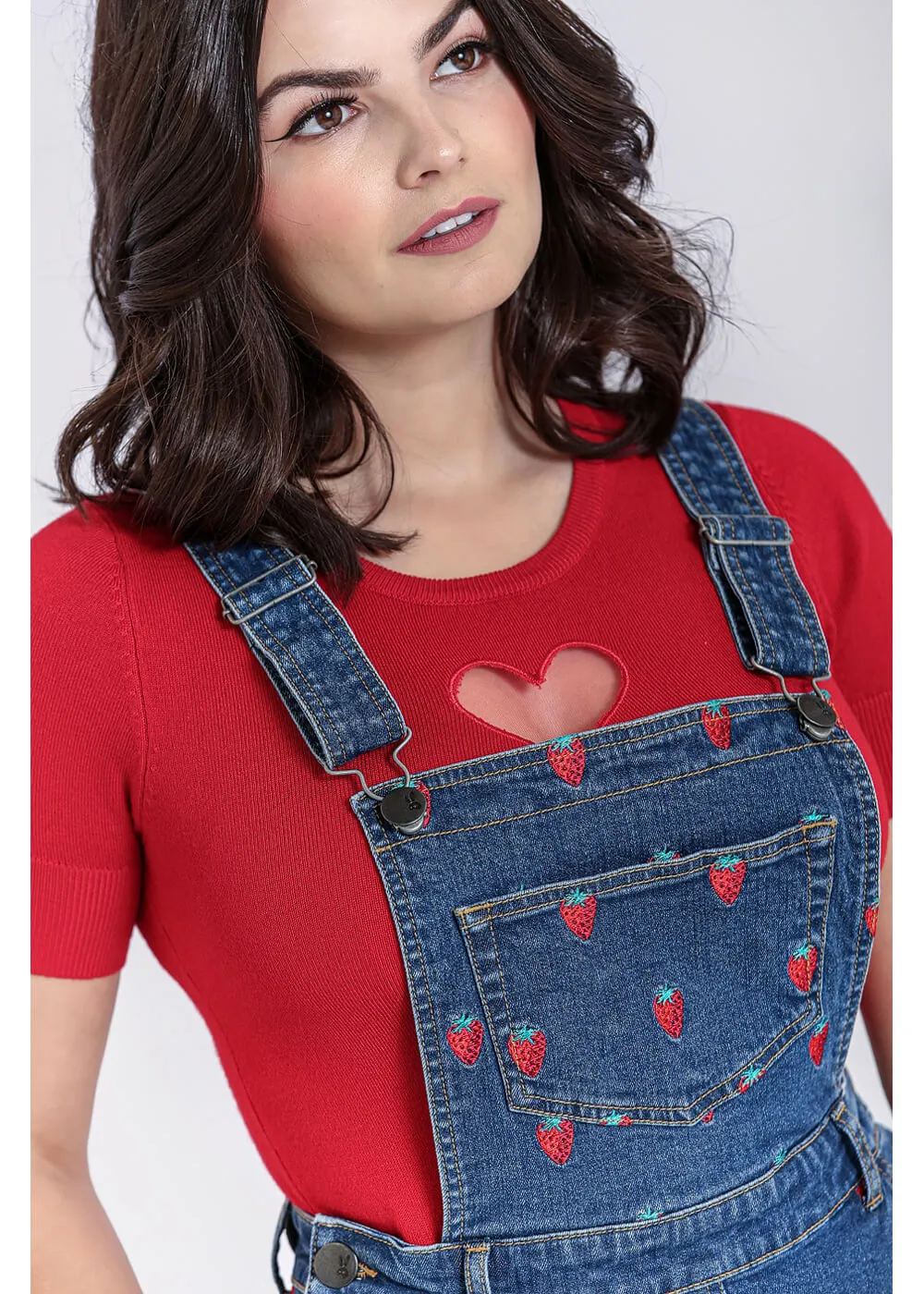 Hell Bunny Strawberry Denim 50's Pinafore Dress Blue