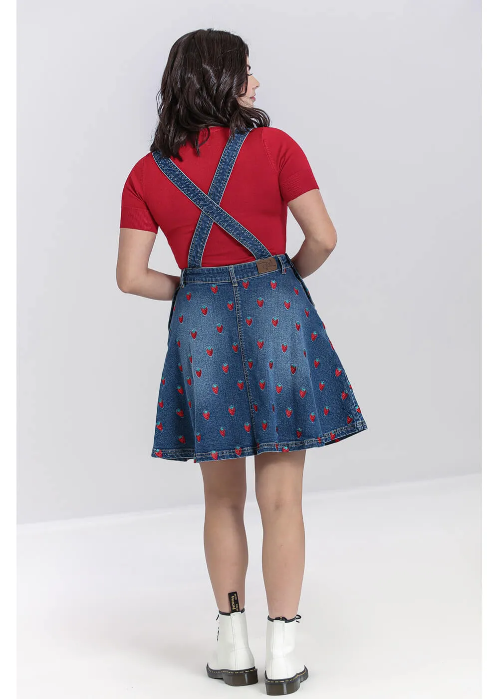 Hell Bunny Strawberry Denim 50's Pinafore Dress Blue