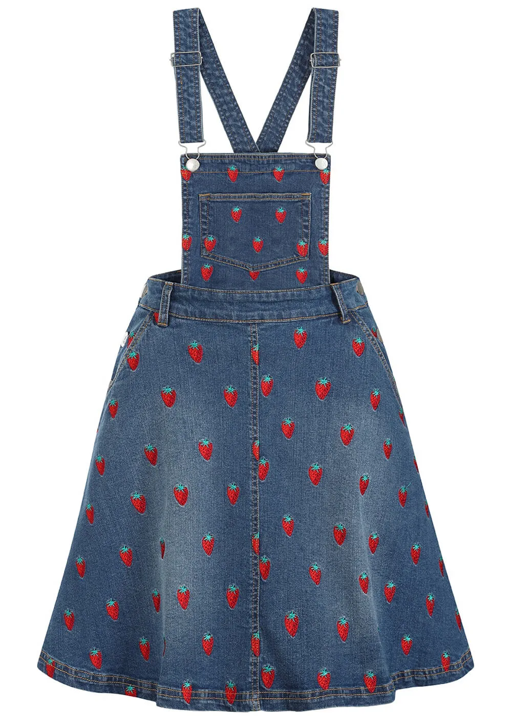 Hell Bunny Strawberry Denim 50's Pinafore Dress Blue