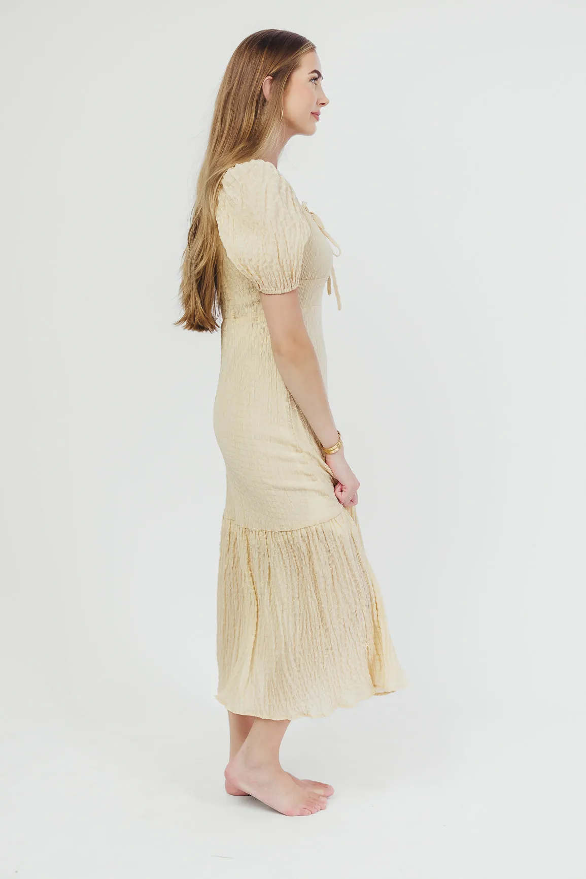 Jessie Textured Woven Midi Dress with Tie Front in Natural