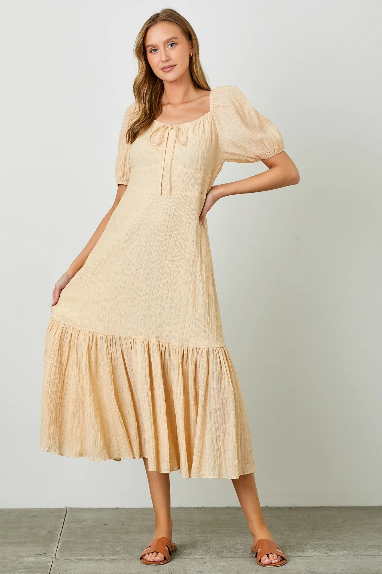 Jessie Textured Woven Midi Dress with Tie Front in Natural