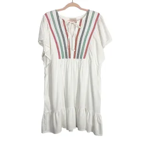 Knox Rose White with Colorful Embroidered Front Tie Dress- Size XL