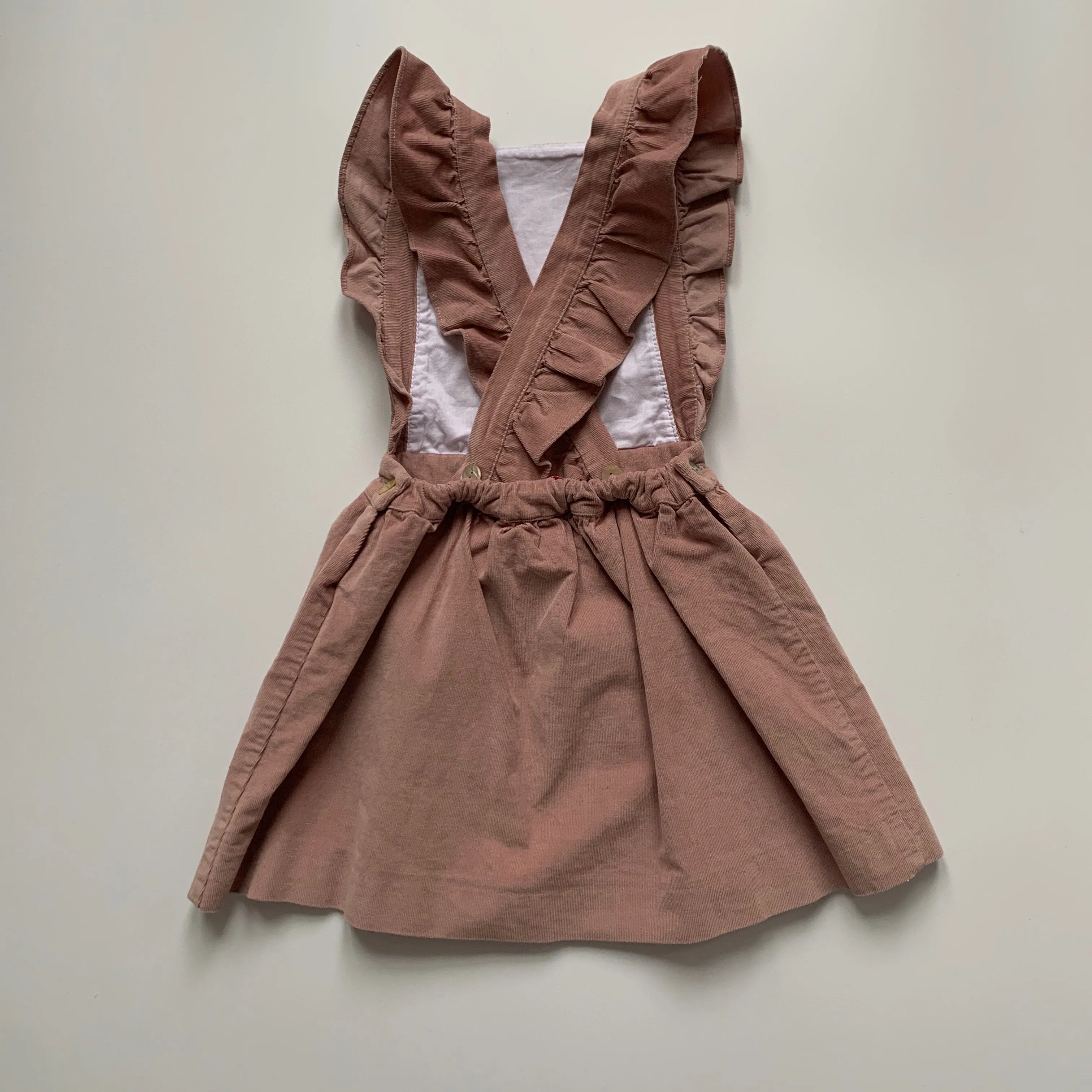 La Coqueta Dusty Rose Pinafore Dress With Ruffle Straps: 4 Years