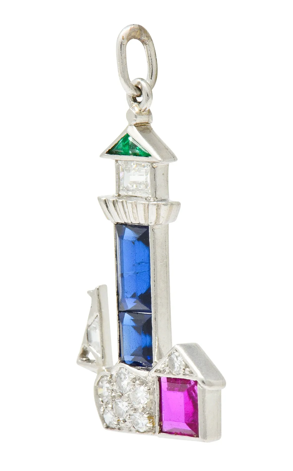 Large Art Deco Sapphire Emerald Ruby Diamond Platinum Lighthouse Charm