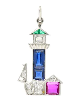 Large Art Deco Sapphire Emerald Ruby Diamond Platinum Lighthouse Charm