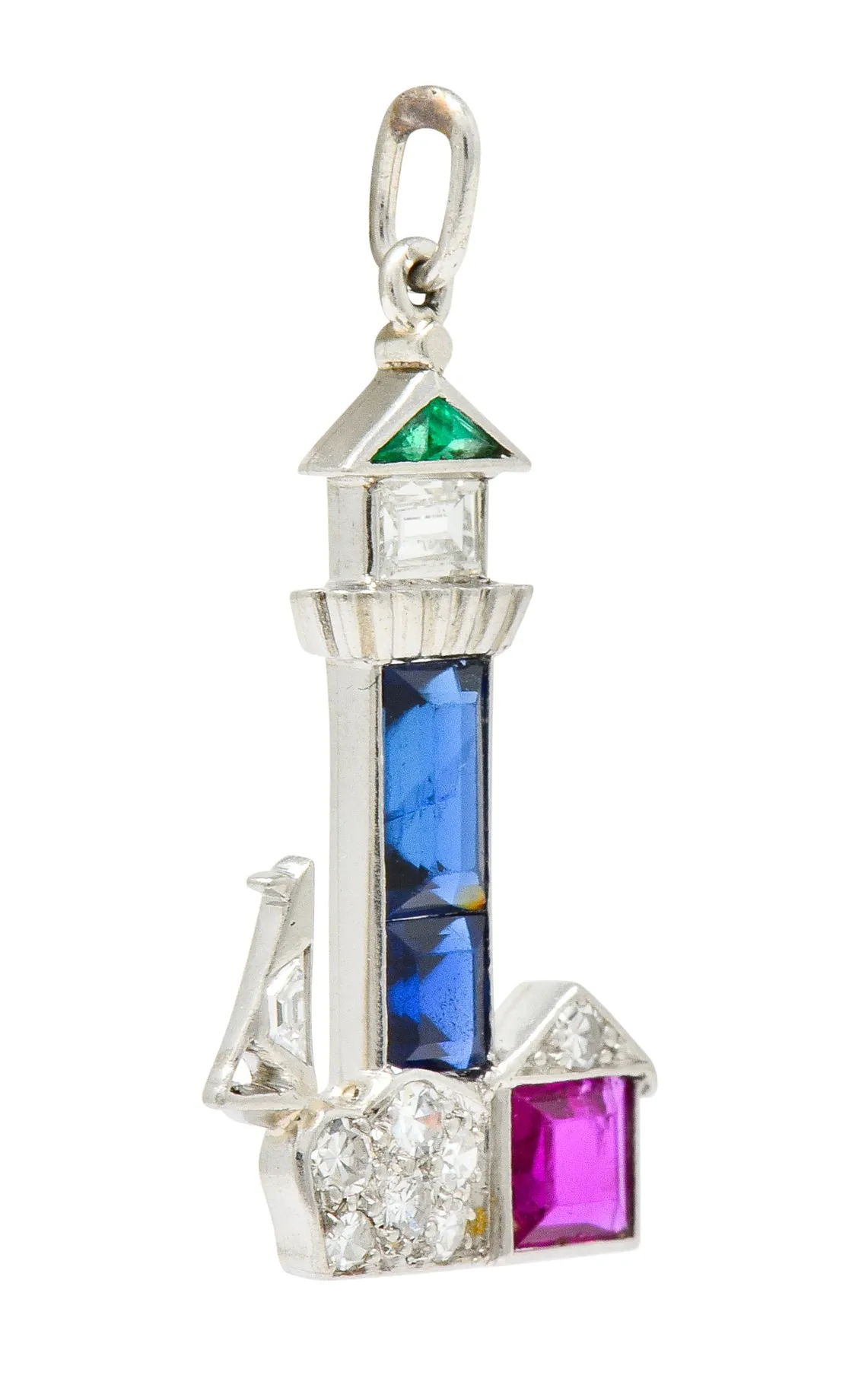 Large Art Deco Sapphire Emerald Ruby Diamond Platinum Lighthouse Charm