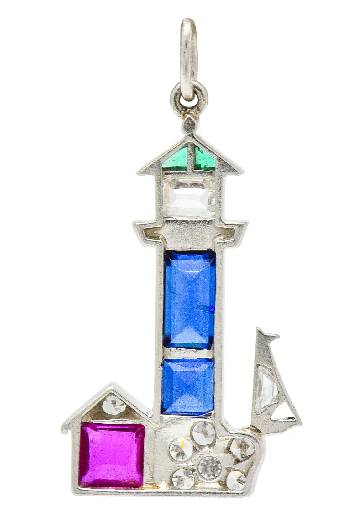 Large Art Deco Sapphire Emerald Ruby Diamond Platinum Lighthouse Charm