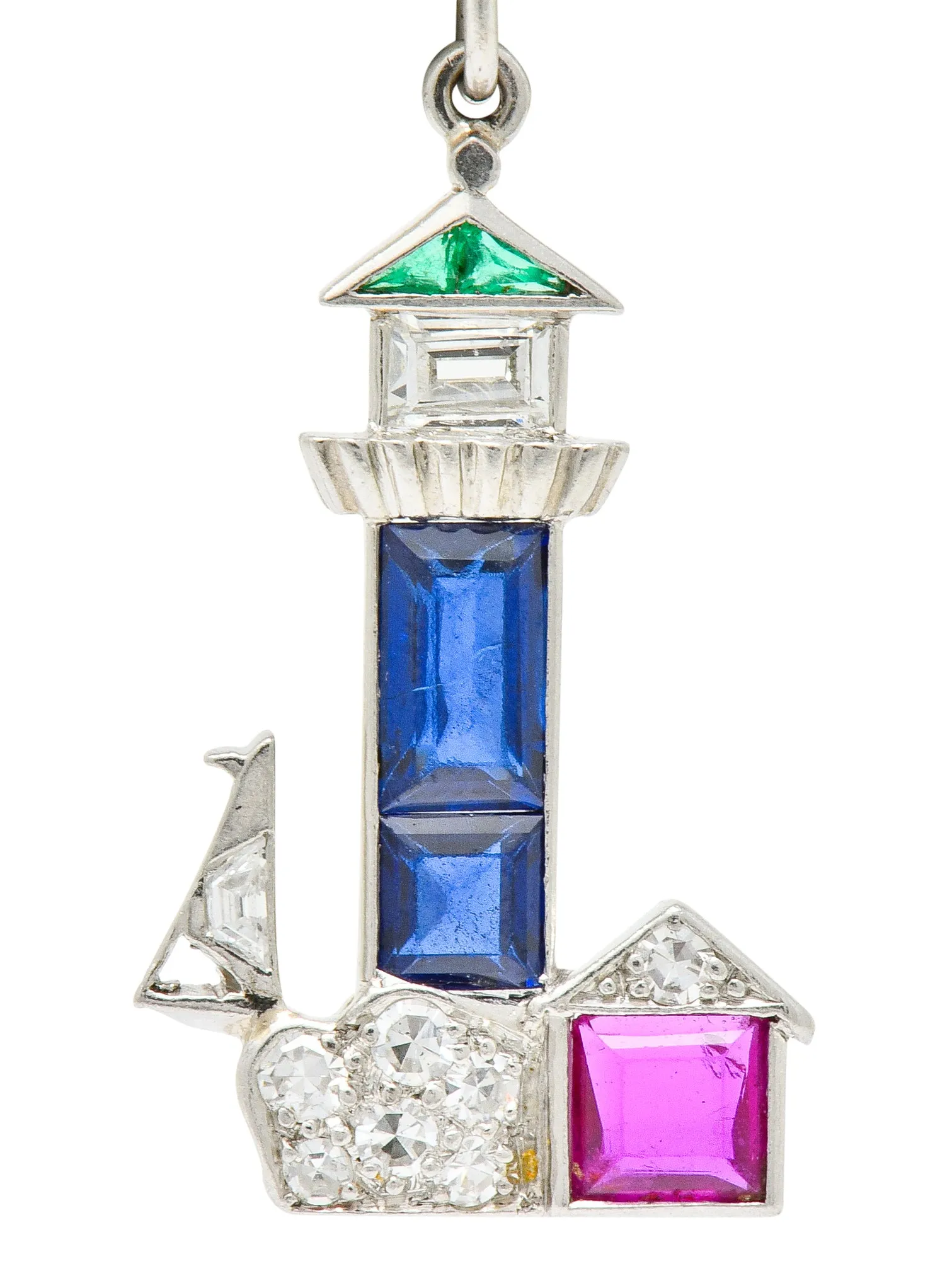 Large Art Deco Sapphire Emerald Ruby Diamond Platinum Lighthouse Charm