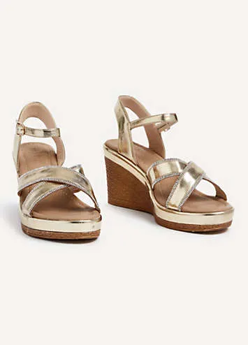 Linzi Joslyn Gold Faux Leather Wedge With Diamante Crossover Front Straps | Grattan