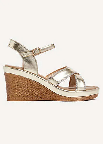 Linzi Joslyn Gold Faux Leather Wedge With Diamante Crossover Front Straps | Grattan