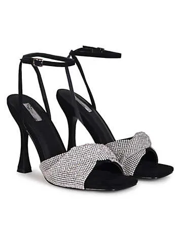 Linzi Lenora Black Faux Suede Heeled Sandals with Diamante Twisted Front Strap | Kaleidoscope