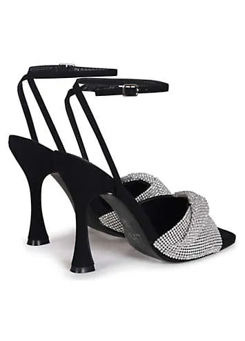 Linzi Lenora Black Faux Suede Heeled Sandals with Diamante Twisted Front Strap | Kaleidoscope