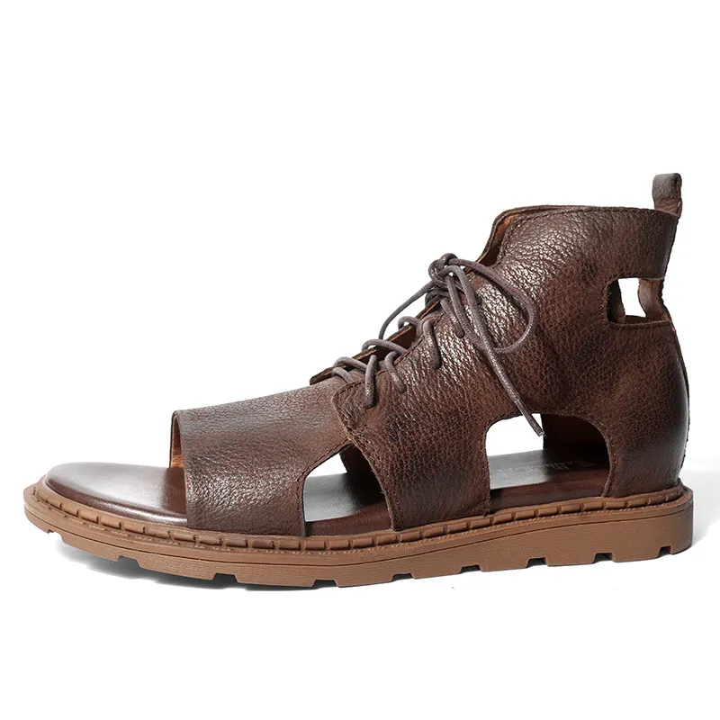 Men High Top Leather Sandals Brown 